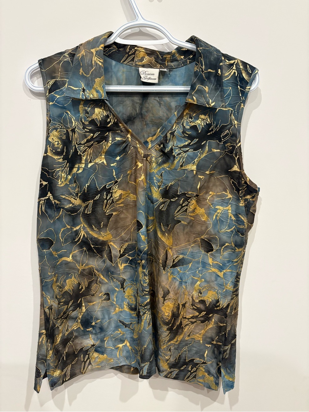 Sleeveless V-Neck Floral Blouse in Teal and Gold